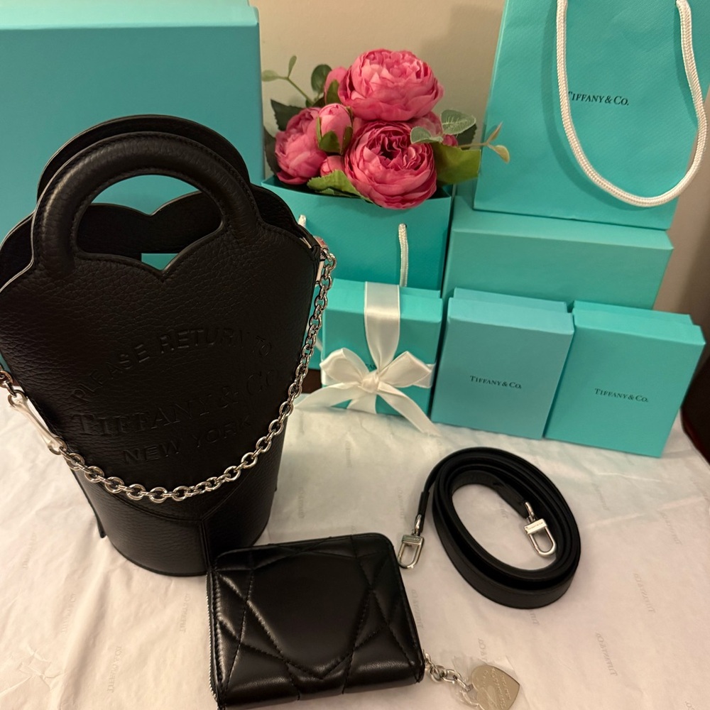 Tiffany & Co. Black Leather Crossbody with Chain & Wallet set